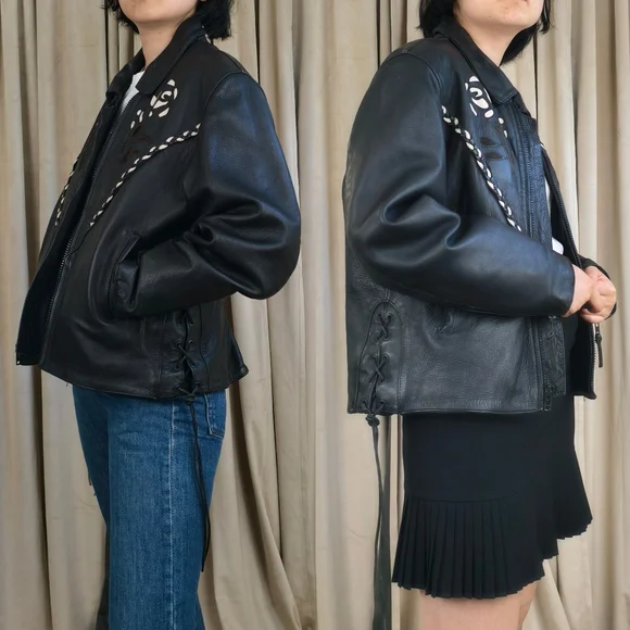 RARE Vintage UNIK Black Leather Biker Jacket with White Rose Floral Design - Picture 3 of 8